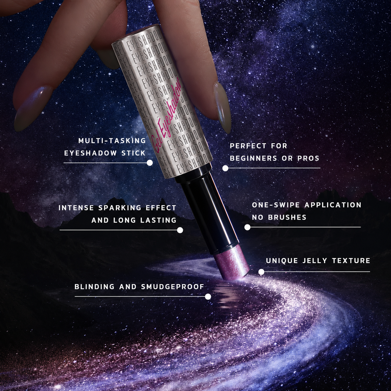 Gel Eyeshadow Stick product features including one-swipe application, jelly texture and smudgeproof wear