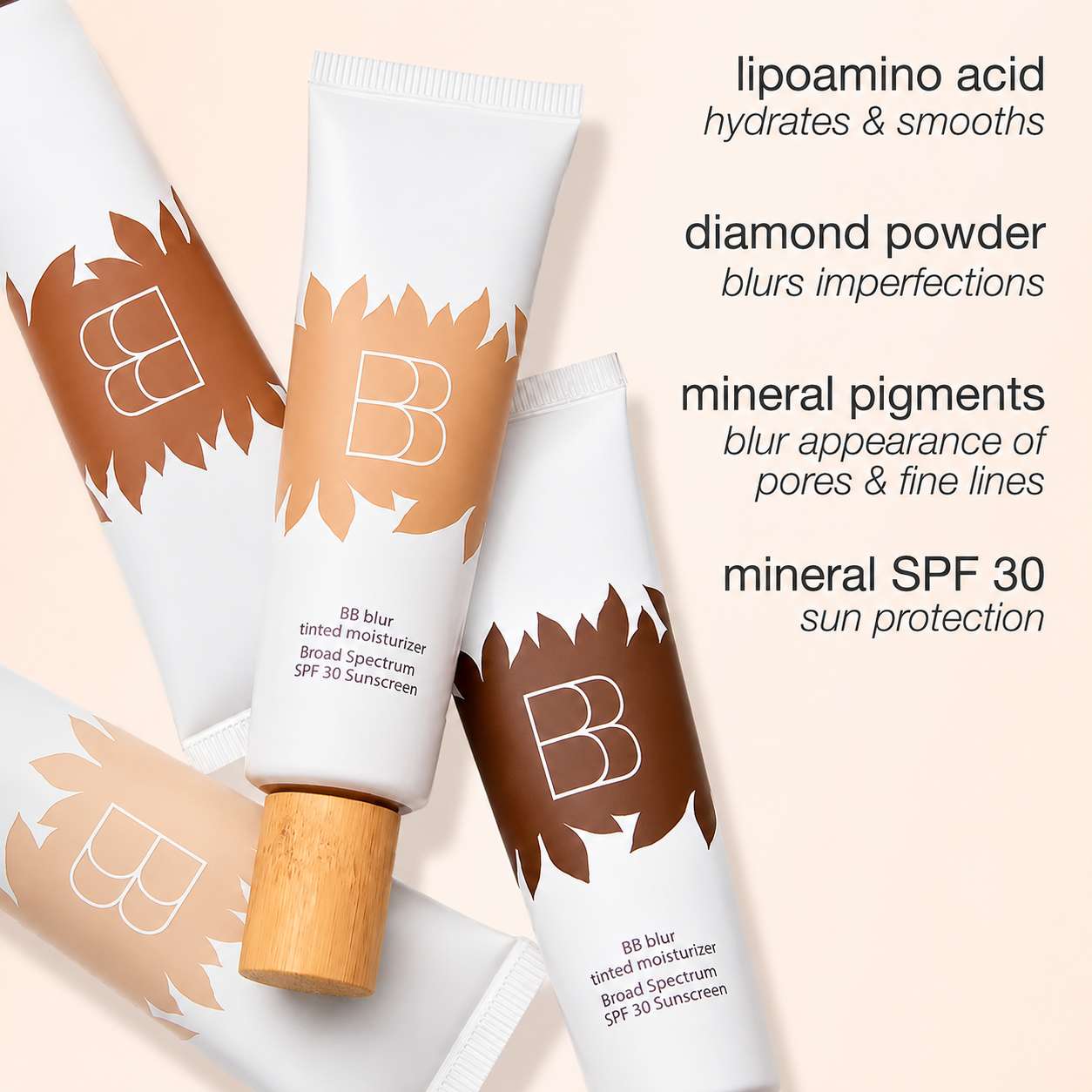 Auraliks BB Blur formula highlights: lipoamino acid, diamond powder, mineral pigments and mineral SPF 30