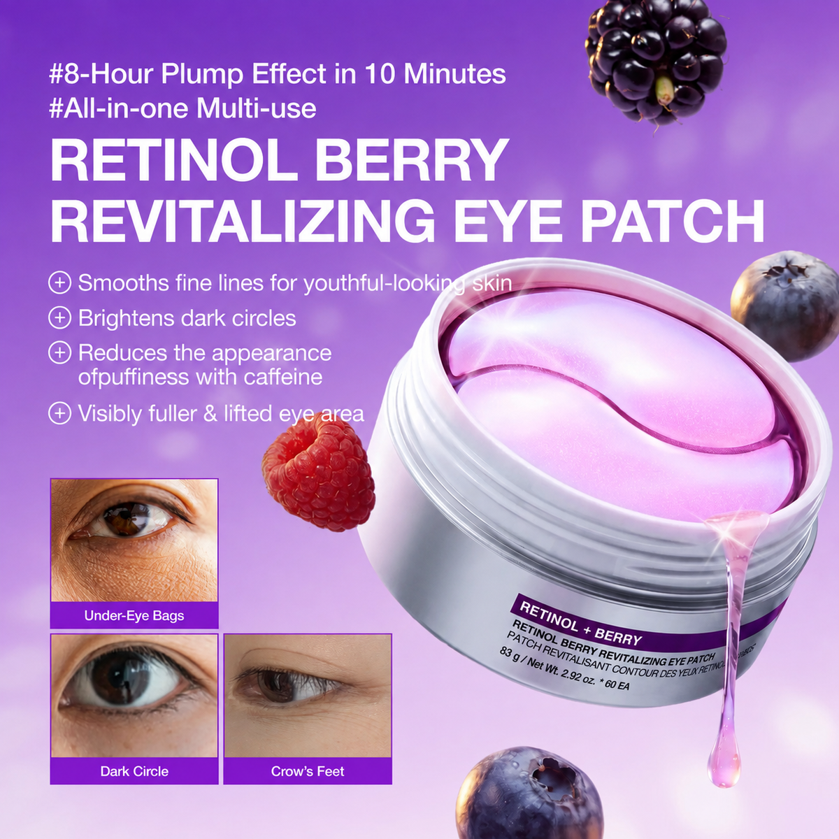 Retinol Berry Revitalizing Eye Patches – For Wrinkles & Dark Circles (60 Patches)