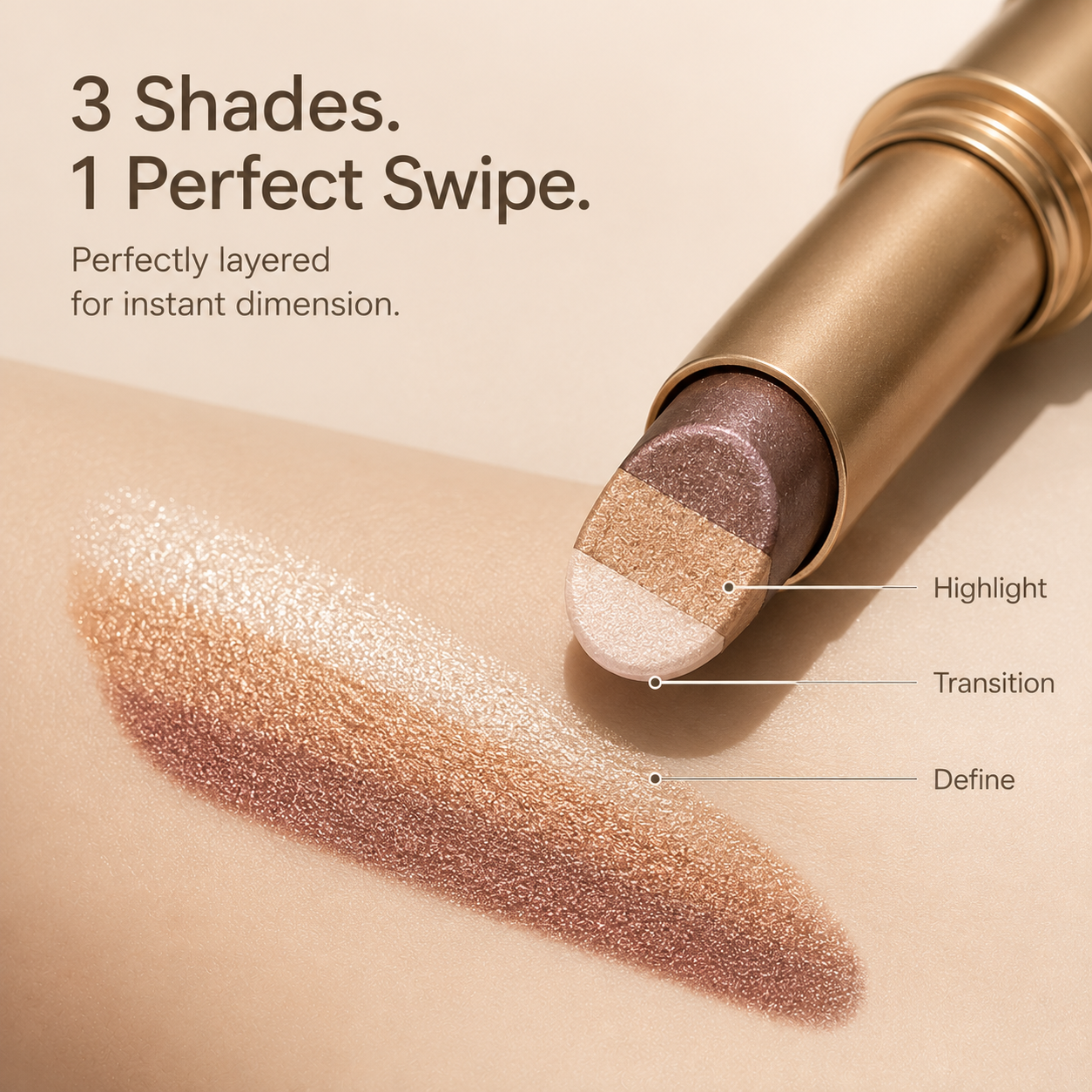 Three-color eyeshadow stick showing Highlight Transition and Define sections