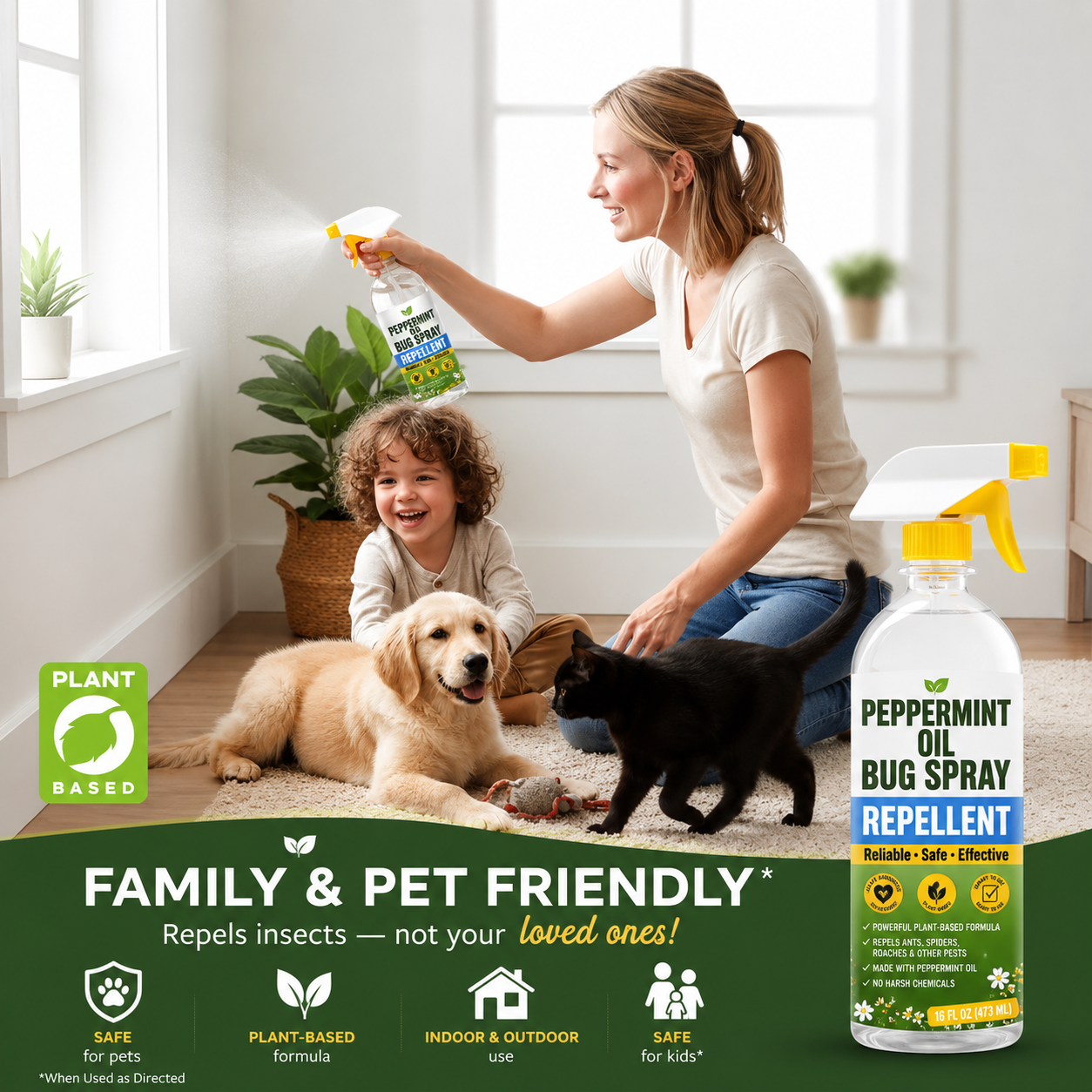 Family and pets in a home with Peppermint Oil Bug Spray