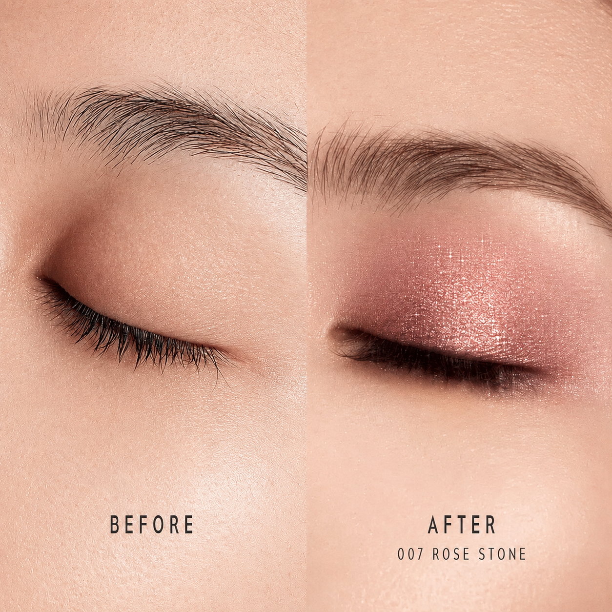 Before and after eye makeup result using shade 007 Rose Stone