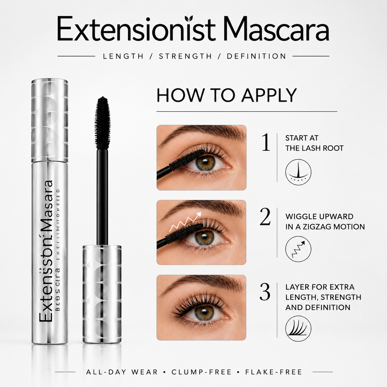 Three-step guide showing how to apply Extensionist Mascara