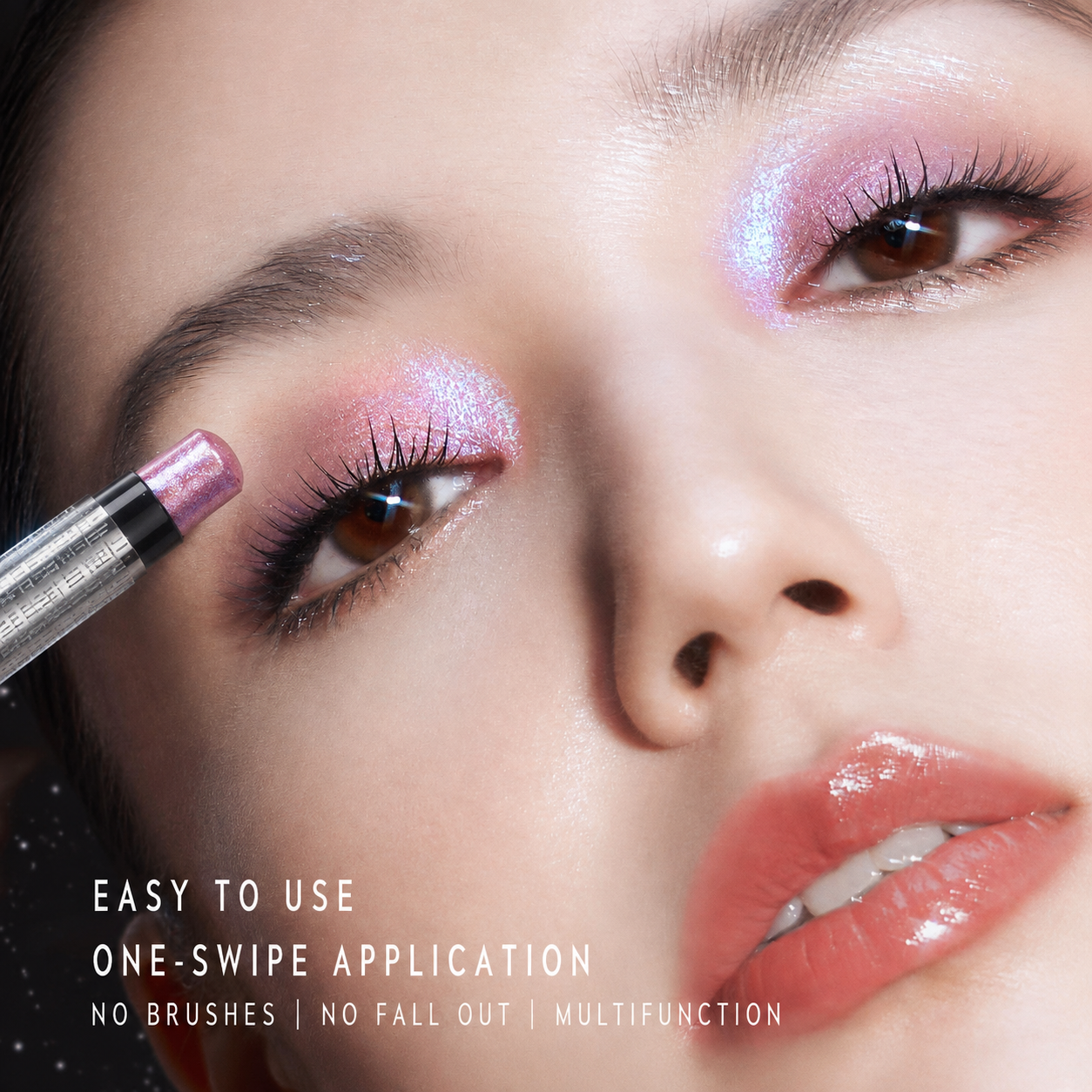 Model applying Gel Eyeshadow Stick directly to the eyelid
