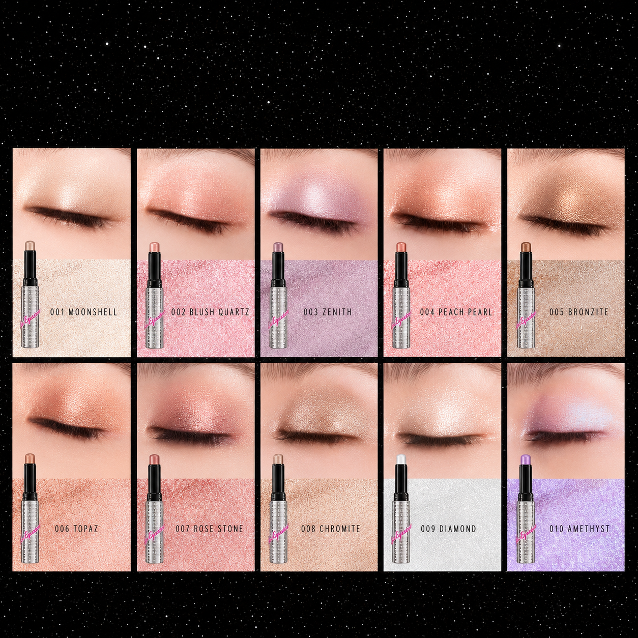 Overview of all 10 Gel Eyeshadow Stick shades