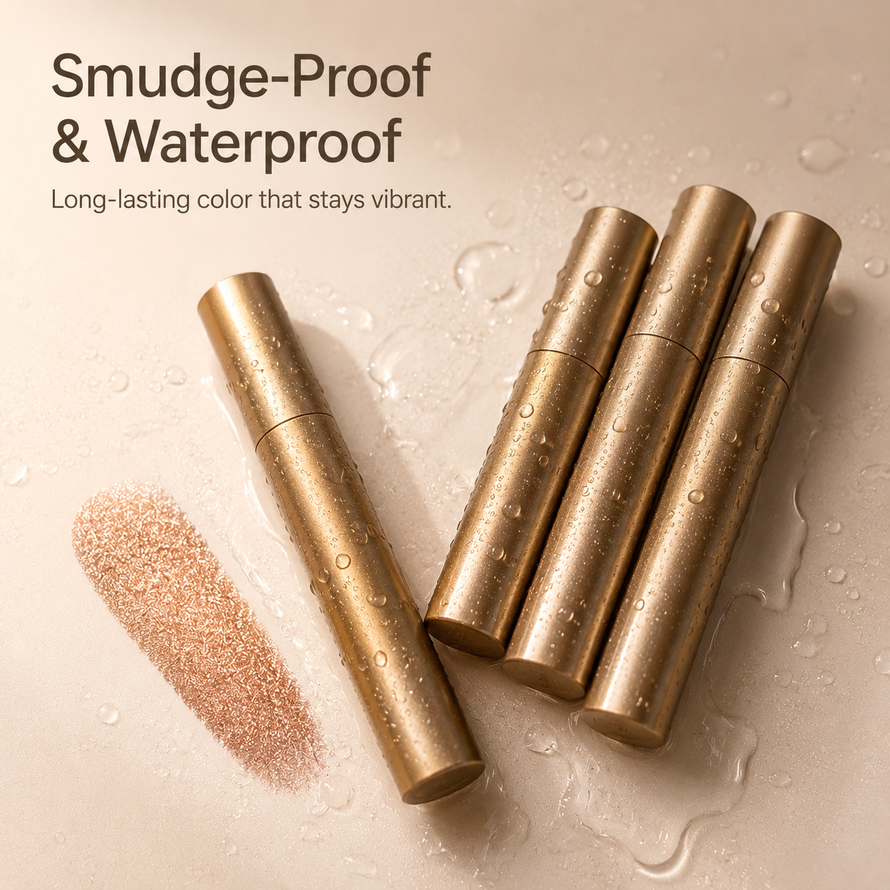 Water droplets on three-color eyeshadow sticks demonstrating waterproof and smudge-proof wear