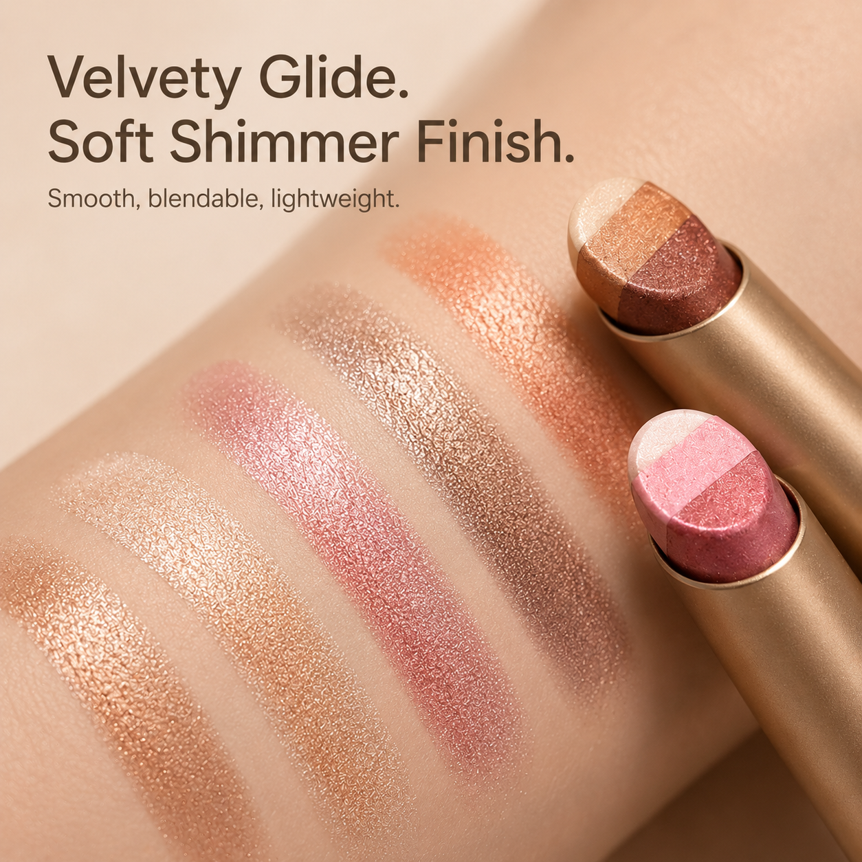 Swatches showing velvety glide and soft shimmer finish of four three-color eyeshadow sticks