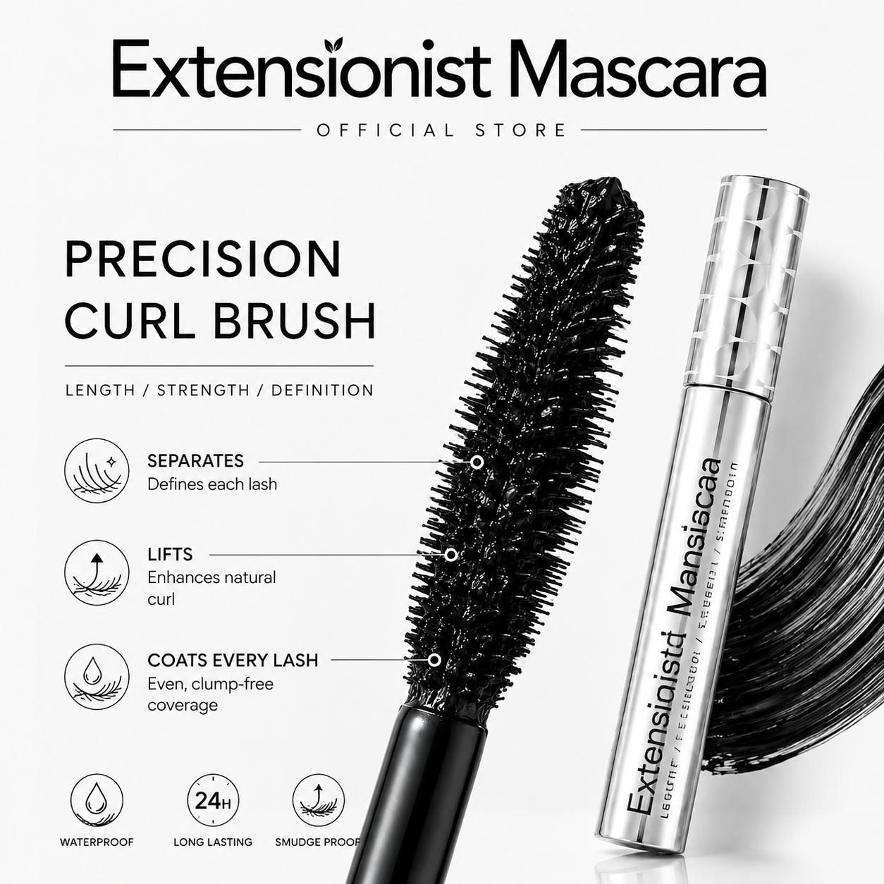 Extensionist Mascara precision curl brush and brush feature diagram